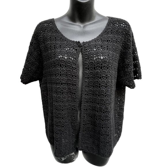 VTG Crochet Knit Short Sleeve Black One Button Cardigan Granny Core Women’s M - Picture 2 of 6